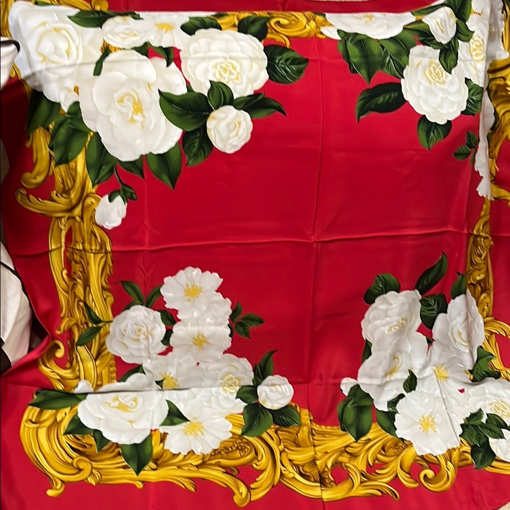 Chanel Floral Red and Gold Scarf
